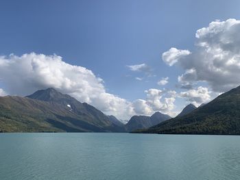 Scenic view of lake and mountains against sky