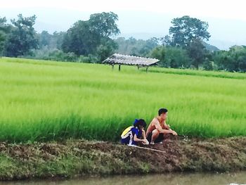 Rear view of shirtless man on agricultural field against sky