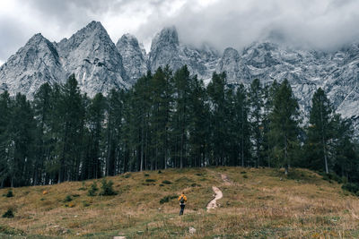 Female hiker on path leading to mysterious forest under misty mountains