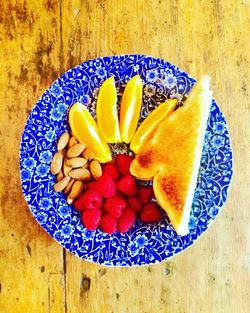 High angle view of fruits in bowl on table