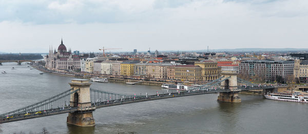 High angle view of bridge over river against cloudy sky