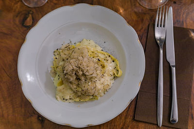 High angle view of food in plate on table