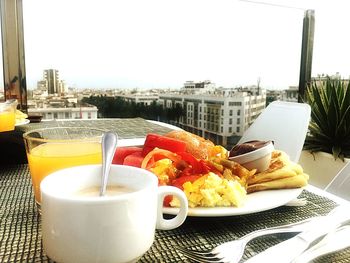 Close-up of breakfast served on table