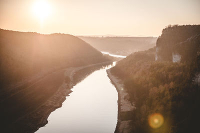 Scenic view of river amidst mountains against clear sky