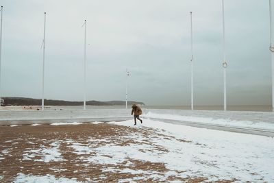 Horse on snow covered field against sky