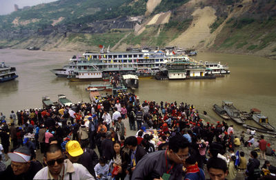 High angle view of people on boats in water