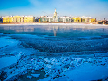 View of frozen river in city