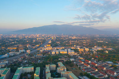 High angle view of townscape against sky at sunset