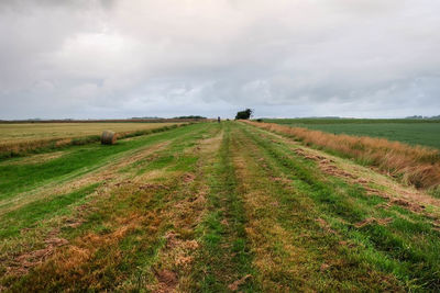 Scenic view of field against cloudy sky