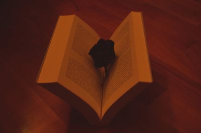 High angle view of heart shape on book