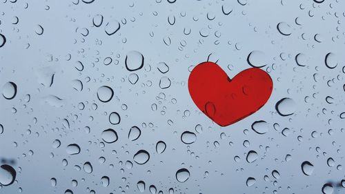 Close-up of heart shape on wet window