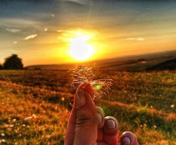 Person holding umbrella on field against sky during sunset