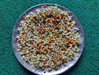 High angle view of chopped vegetables in bowl on table