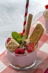 Close-up of dessert in glass on table