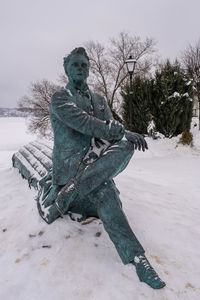 Statue of tree on snow covered field against sky