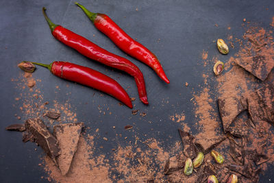 High angle view of red chili peppers in container