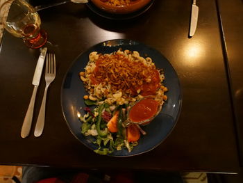 High angle view of meal served on table