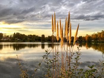 Scenic view of lake against sky during sunset