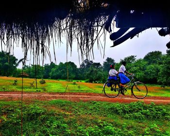 Man riding bicycle on field against sky