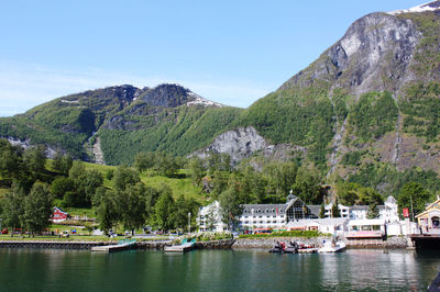 Scenic view of lake and mountains against sky