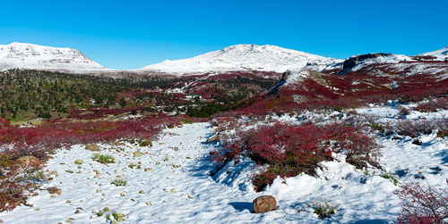 Scenic view of snowcapped mountains against clear blue sky