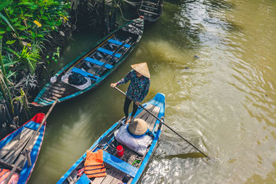 High angle view of boat moored in river