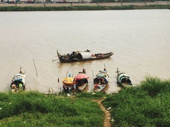 High angle view of boats at riverbank