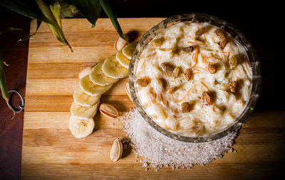 High angle view of ice cream in glass on table