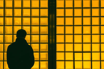 Rear view of man against yellow glass