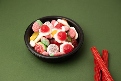 Directly above shot of multi colored candies in bowl