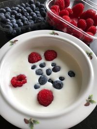 Directly above shot of strawberries in plate on table