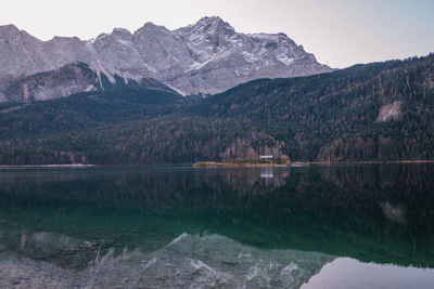 Scenic view of lake and mountains against sky