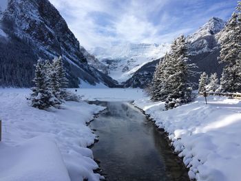 Scenic view of river by snow mountains against sky