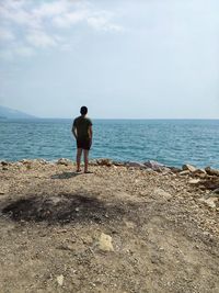 Rear view of man standing at beach against sky