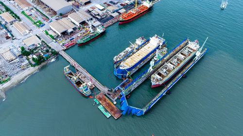 High angle view of boats in sea