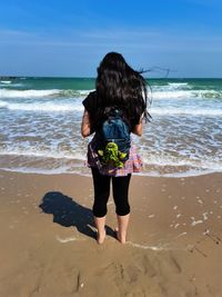 Rear view of woman standing at beach against sky