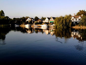 Scenic view of river with buildings in background