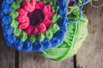 High angle view of knitted decoration on table