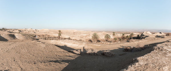 Panoramic view of arid landscape against clear sky