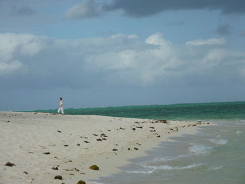 Rear view of person standing on beach against sky