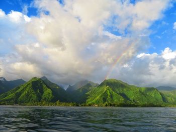 Scenic view of lake and mountains against sky