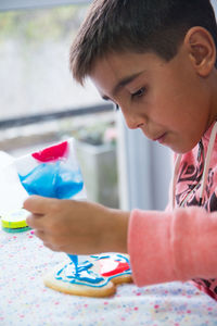 Portrait of boy decorating homemade cookie