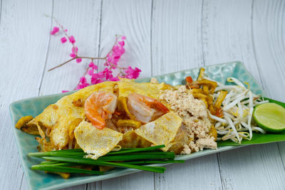 High angle view of food in plate on table