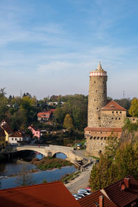 High angle view of buildings against sky