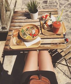 High angle view of breakfast on table