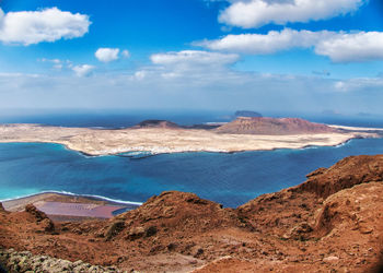 Scenic view of sea and mountains against sky