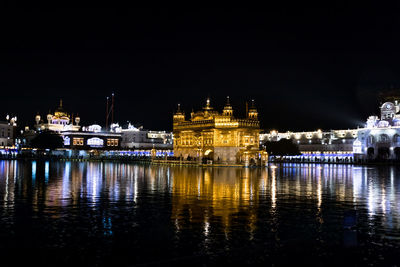 Reflection of illuminated buildings in water at night