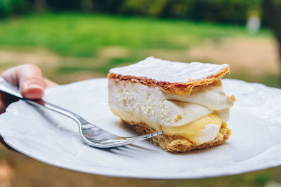 Cropped image of woman holding mille-feuille in plate outdoors