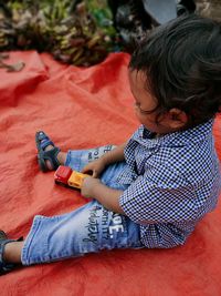 High angle view of boy looking at camera