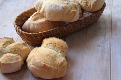 High angle view of bread in basket on table